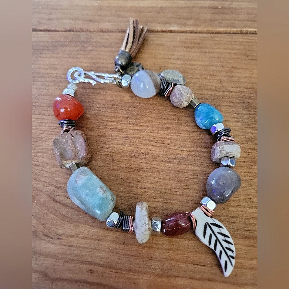 Blue Honey Jewelry Nature Walk Gemstone & Bone Bead Bohemian Bracelet XL
